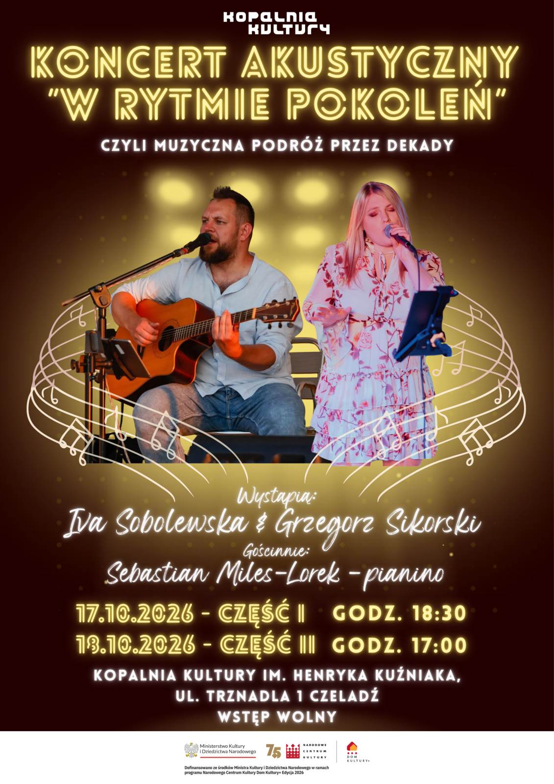 brązowy plakat z piosenkarką oraz gitarzystą informujący o koncertach w rytmie pokoleń